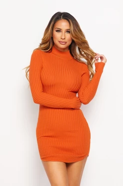 LOVE MODA DRESSES Mock Neck Dress - Orange Rust