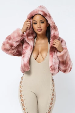 LOVE MODA Tie Dye Faux Fur Cropped Hoodie Jacket JACKETS