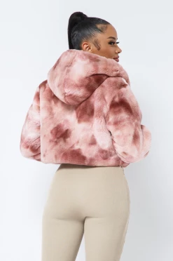 LOVE MODA Tie Dye Faux Fur Cropped Hoodie Jacket JACKETS
