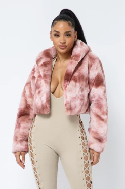 LOVE MODA Tie Dye Faux Fur Cropped Hoodie Jacket JACKETS