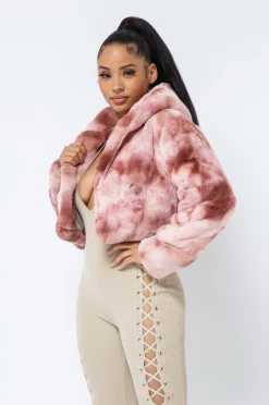 LOVE MODA Tie Dye Faux Fur Cropped Hoodie Jacket JACKETS