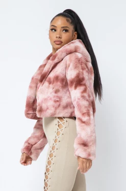 LOVE MODA Tie Dye Faux Fur Cropped Hoodie Jacket JACKETS