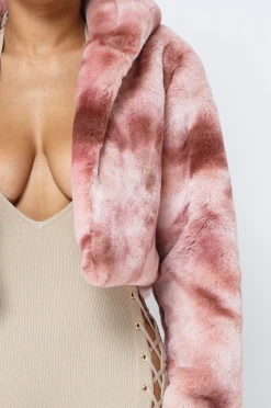 LOVE MODA Tie Dye Faux Fur Cropped Hoodie Jacket JACKETS