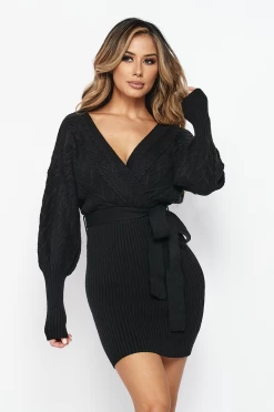 LOVE MODA Surplice Cable Knit Sweater Dress