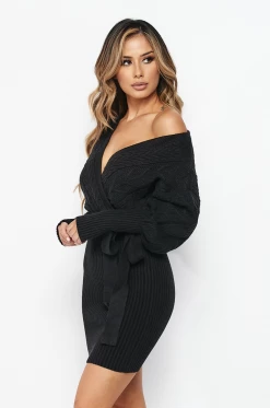 LOVE MODA Surplice Cable Knit Sweater Dress