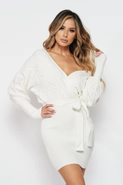 LOVE MODA Surplice Cable Knit Sweater Dress