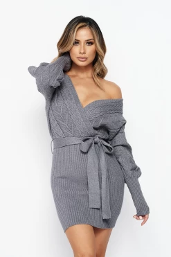 LOVE MODA Surplice Cable Knit Sweater Dress