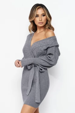 LOVE MODA Surplice Cable Knit Sweater Dress