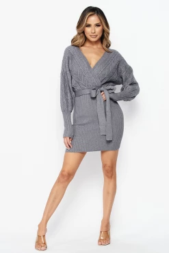 LOVE MODA Surplice Cable Knit Sweater Dress
