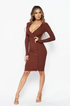 LOVE MODA Elegant Long Sleeve Dress W/ Buttons - Cocoa