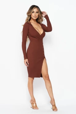 LOVE MODA Elegant Long Sleeve Dress W/ Buttons - Cocoa