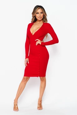 LOVE MODA DRESSES Elegant Long Sleeve Dress W/ Buttons - Bright Colors