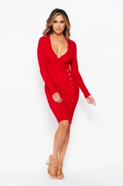 LOVE MODA DRESSES Elegant Long Sleeve Dress W/ Buttons - Bright Colors