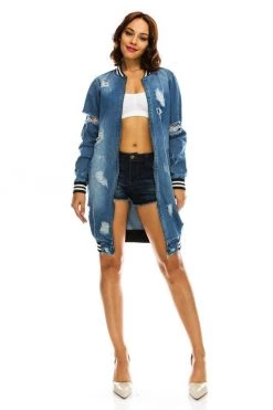 LOVE MODA Distressed Denim Boyfriend Jacket DRESSES