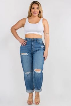 LOVE MODA High Rise Distressed Blue Boyfriend Jeans - Plus Size