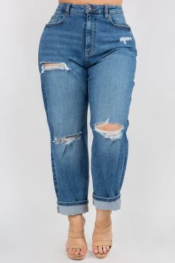 LOVE MODA High Rise Distressed Blue Boyfriend Jeans - Plus Size