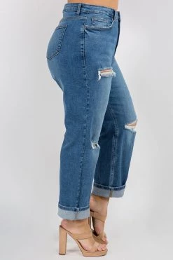 LOVE MODA High Rise Distressed Blue Boyfriend Jeans - Plus Size