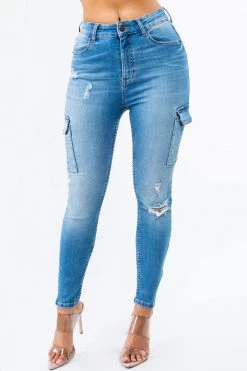 LOVE MODA High Waist Denim Cargo Pocket Skinny Jeans