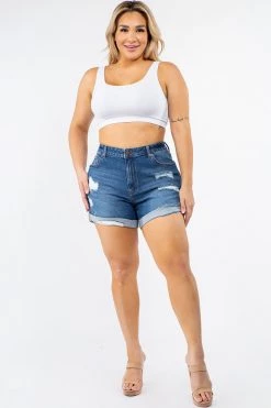 LOVE MODA High Waist Roll Hem Slim Denim Shorts - Plus Size