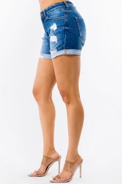 LOVE MODA NEW ARRIVALS High Waist Roll Hem Slim Denim Shorts