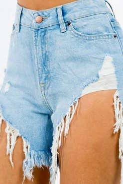 LOVE MODA NEW ARRIVALS High Waist Fringed Hem Denim Shorts