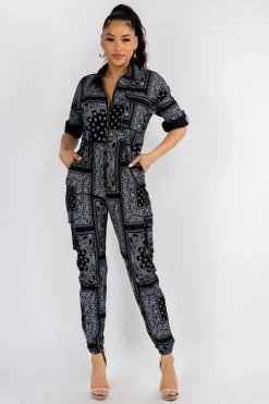 LOVE MODA NEW ARRIVALS Bandana Print Cargo Slim Stretch Jumpsuit