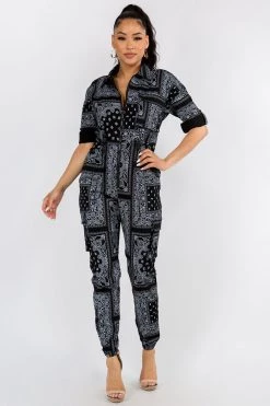 LOVE MODA NEW ARRIVALS Bandana Print Cargo Slim Stretch Jumpsuit