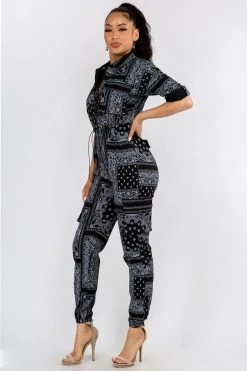 LOVE MODA NEW ARRIVALS Bandana Print Cargo Slim Stretch Jumpsuit