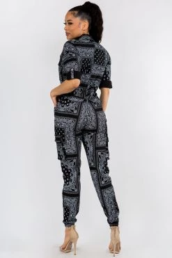 LOVE MODA NEW ARRIVALS Bandana Print Cargo Slim Stretch Jumpsuit