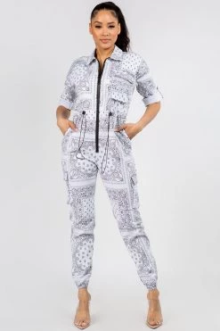 LOVE MODA NEW ARRIVALS Bandana Print Cargo Slim Stretch Jumpsuit