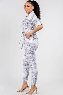 LOVE MODA NEW ARRIVALS Bandana Print Cargo Slim Stretch Jumpsuit