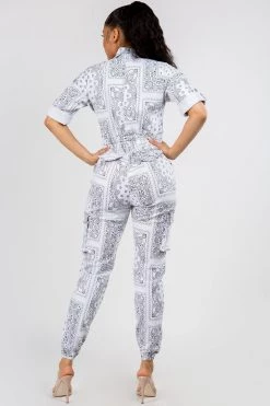 LOVE MODA NEW ARRIVALS Bandana Print Cargo Slim Stretch Jumpsuit