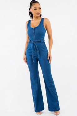 LOVE MODA Denim Wide Leg Sleeveless Denim Jumpsuit