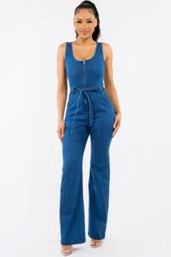 LOVE MODA Denim Wide Leg Sleeveless Denim Jumpsuit