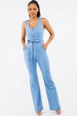 LOVE MODA Denim Wide Leg Sleeveless Denim Jumpsuit