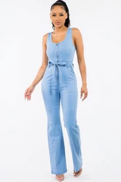 LOVE MODA Denim Wide Leg Sleeveless Denim Jumpsuit