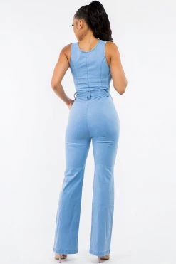 LOVE MODA Denim Wide Leg Sleeveless Denim Jumpsuit