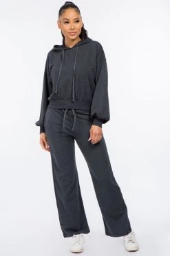 LOVE MODA French Terry High Waist Wide Leg Pants BOTTOMS