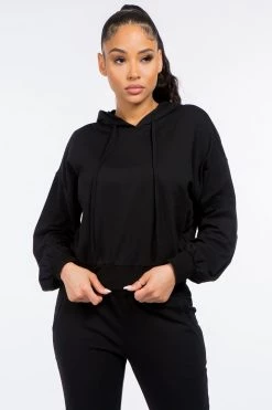 LOVE MODA French Terry Long Balloon Sleeve Crop Hoodie