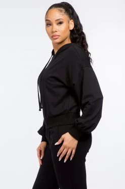 LOVE MODA French Terry Long Balloon Sleeve Crop Hoodie