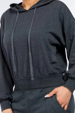 LOVE MODA French Terry Long Balloon Sleeve Crop Hoodie