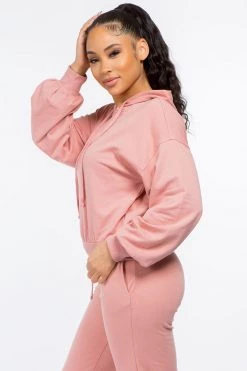 LOVE MODA French Terry Long Balloon Sleeve Crop Hoodie