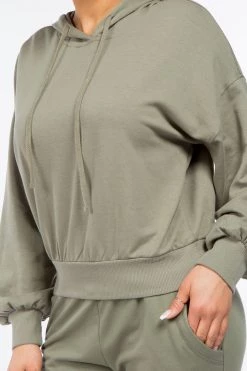 LOVE MODA French Terry Long Balloon Sleeve Crop Hoodie