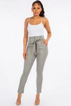 LOVE MODA High Rise Paper Bag Waist Bow Tie Pants With Spandex