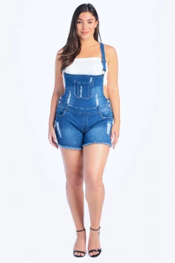 Love Moda Distressed Denim Overall Shorts - Plus Size