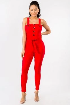 LOVE MODA Cute Bow Tie Jumpsuit W/ Buttons