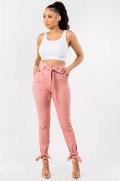 LOVE MODA Casual High Waist Bow Tie Paper Bag Pants