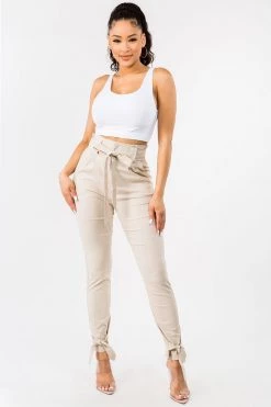 LOVE MODA Casual High Waist Bow Tie Paper Bag Pants