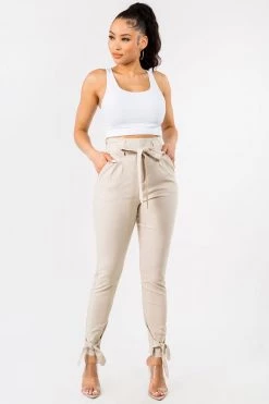 LOVE MODA Casual High Waist Bow Tie Paper Bag Pants