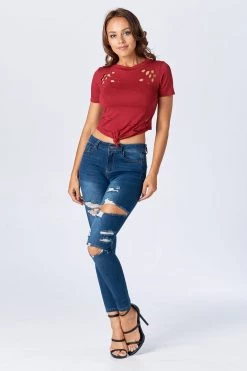 LOVE MODA Short Sleeve Crop Top With Holes TOPS